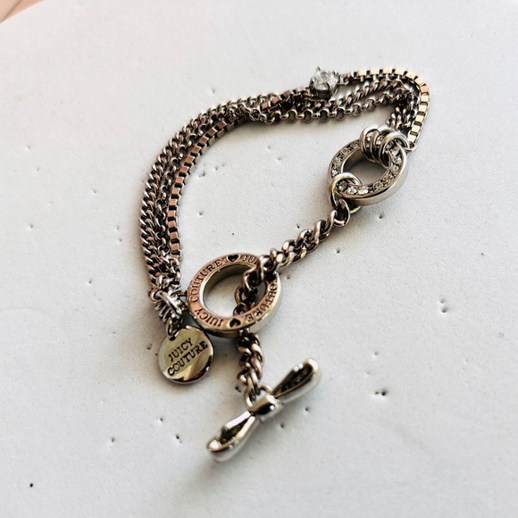 Juicy Couture Vintage Jewelry Silver Tone Crystals Pave Bow Logo Bracelet - Picture 2 of 4